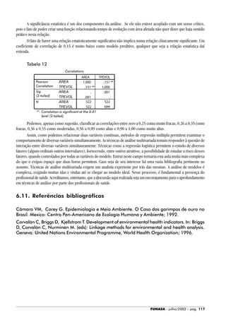 FUNASA - julho/2002 - pág. 117
A significância estatística é um dos componentes da análise. Se ele não estiver acoplado com um senso crítico,
pois o fato de poder criar uma função relacionando tempo de evolução com área afetada não quer dizer que haja sentido
prático nesta relação.
O fato de haver uma relação estatisticamente significativa não implica numa relação clinicamente significante. Um
coeficiente de correlação de 0,15 é muito baixo como modelo preditivo, qualquer que seja a relação estatística daí
retirada.
Tabela 12
Podemos, apenas como sugestão, classificar as correlações entre zero a 0,25 como muito fracas, 0,26 a 0,35 como
fracas, 0,36 a 0,55 como moderadas, 0,56 a 0,89 como altas e 0,90 a 1,00 como muito altas.
Assim, como podemos relacionar duas variáveis contínuas, métodos de regressão múltipla permitem examinar o
comportamento de diversas variáveis simultaneamente. As técnicas de análise multivariada tentam responder à questão de
interação entre diversas variáveis simultaneamente. Técnicas como a regressão logística permitem o estudo de diversos
fatores (alguns ordinais outros intervalares), fornecendo, entre outros atrativos, a possibilidade de estudar o risco desses
fatores, quando controlados por todas as variáveis do modelo. Entrar neste campo tornaria esta aula muita mais complexa
do que o exíguo espaço que duas horas permitem. Caso seja de seu interesse há uma vasta bibliografia pertinente ao
assunto. Técnicas de análise multivariada exigem um analista experiente por trás das mesmas. A análise de modelos é
complexa, exigindo muitas idas e vindas até se chegar ao modelo ideal. Nesse processo, é fundamental a presença do
profissionaldesaúde.Acreditamos,entretanto,queadiscussãoaquirealizadasejaumencorajamentoparaoaprofundamento
em técnicas de análise por parte dos profissionais de saúde.
6.11. Referências bibliográficas
Câmara VM, Corey G. Epidemiologia e Meio Ambiente. O Caso dos garimpos de ouro no
Brasil. Mexico: Centro Pan-Americano de Ecología Humana y Ambiente; 1992.
Corvalán C, Briggs D, Kjellstrom T. Development of environmental health indicators. In: Briggs
D, Corvalán C, Nurminen M. (eds): Linkage methods for environmental and health analysis.
Geneva: United Nations Environmental Programme, World Health Organization; 1996.
 