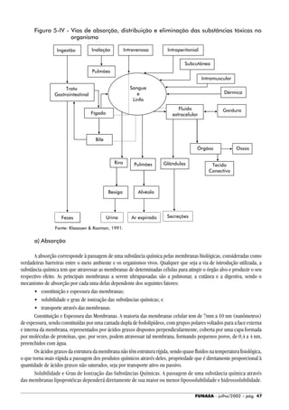 FUNASA - julho/2002 - pág. 47
Figura 5-IV - Vias de absorção, distribuição e eliminação das substâncias tóxicas no
organismo
a) Absorção
A absorção corresponde à passagem de uma substância química pelas membranas biológicas, consideradas como
verdadeiras barreiras entre o meio ambiente e os organismos vivos. Qualquer que seja a via de introdução utilizada, a
substância química tem que atravessar as membranas de determinadas células para atingir o órgão alvo e produzir o seu
respectivo efeito. As principais membranas a serem ultrapassadas são a pulmonar, a cutânea e a digestiva, sendo o
mecanismo de absorção por cada uma delas dependente dos seguintes fatores:
• constituição e espessura das membranas;
• solubilidade e grau de ionização das substâncias químicas; e
• transporte através das membranas.
Constituição e Espessura das Membranas. A maioria das membranas celular tem de 7mm a 10 nm (nanômetros)
de espessura, sendo constituídas por uma camada dupla de fosfolipídeos, com grupos polares voltados para a face externa
e interna da membrana, representados por ácidos graxos dispostos perpendicularmente, coberta por uma capa formada
por moléculas de proteínas, que, por vezes, podem atravessar tal membrana, formando pequenos poros, de 0,4 a 4 nm,
preenchidos com água.
Os ácidos graxos da estrutura da membrana não têm estrutura rígida, sendo quase fluidos na temperatura fisiológica,
o que torna mais rápida a passagem dos produtos químicos através deles, propriedade que é diretamente proporcional à
quantidade de ácidos graxos não saturados, seja por transporte ativo ou passivo.
Solubilidade e Grau de Ionização das Substâncias Químicas. A passagem de uma substância química através
das membranas lipoprotéicas dependerá diretamente de sua maior ou menor lipossolubilidade e hidrossolubilidade.
Fonte: Klaassen & Rozman, 1991.
 