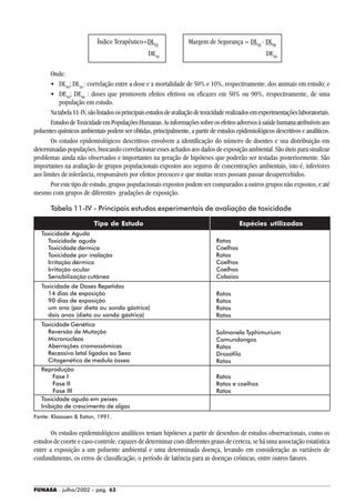FUNASA - julho/2002 - pág. 62
Índice Terapêutico=DL50
Margem de Segurança = DL10
- DL90
DE50
DE90
Onde:
• DL50
; DL10
: correlação entre a dose e a mortalidade de 50% e 10%, respectivamente, dos animais em estudo; e
• DE50
; DE90
: doses que promovem efeitos efetivos ou eficazes em 50% ou 90%, respectivamente, de uma
população em estudo.
Natabela11-IV,sãolistadososprincipaisestudosdeavaliaçãodetoxicidaderealizadosemexperimentaçõeslaboratoriais.
EstudosdeToxicidadeemPopulaçõesHumanas.Asinformaçõessobreosefeitosadversosàsaúdehumanaatribuíveisaos
poluentes químicos ambientais podem ser obtidas, principalmente, a partir de estudos epidemiológicos descritivos e analíticos.
Os estudos epidemiológicos descritivos envolvem a identificação do número de doentes e sua distribuição em
determinadas populações, buscando correlacionar esses achados aos dados de exposição ambiental. São úteis para sinalizar
problemas ainda não observados e importantes na geração de hipóteses que poderão ser testadas posteriormente. São
importantes na avaliação de grupos populacionais expostos aos seguros de concentrações ambientais, isto é, inferiores
aos limites de tolerância, responsáveis por efeitos precoces e que muitas vezes possam passar desapercebidos.
Por este tipo de estudo, grupos populacionais expostos podem ser comparados a outros grupos não expostos, e até
mesmo com grupos de diferentes gradações de exposição.
Tabela 11-IV - Principais estudos experimentais de avaliação de toxicidade
Fonte: Klaassen & Eaton, 1991.
Os estudos epidemiológicos analíticos testam hipóteses a partir de desenhos de estudos observacionais, como os
estudos de coorte e caso-controle, capazes de determinar com diferentes graus de certeza, se há uma associação estatística
entre a exposição a um poluente ambiental e uma determinada doença, levando em consideração as variáveis de
confundimento, os erros de classificação, o período de latência para as doenças crônicas, entre outros fatores.
Tipo de Estudo Espécies utilizadas
Toxicidade Aguda
Toxicidade aguda
Toxicidade dérmica
Toxicidade por inalação
Irritação dérmica
Irritação ocular
Sensibilização cutânea
Toxicidade de Doses Repetidas
14 dias de exposição
90 dias de exposição
um ano (por dieta ou sonda gástrica)
dois anos (dieta ou sonda gástrica)
Toxicidade Genética
Reversão de Mutação
Micronúcleos
Aberrações cromossômicas
Recessivo letal ligados ao Sexo
Citogenética de medula óssea
Reprodução
Fase I
Fase II
Fase III
Toxicidade aguda em peixes
Inibição de crescimento de algas
Ratos
Coelhos
Ratos
Coelhos
Coelhos
Cobaias
Ratos
Ratos
Ratos
Ratos
Salmonela Typhimurium
Camundongos
Ratos
Drosófila
Ratos
Ratos
Ratos e coelhos
Ratos
 
