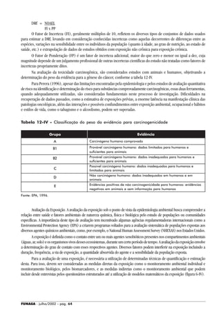 FUNASA - julho/2002 - pág. 64
DRf = NOAEL
FI x PP
O Fator de Incerteza (FI), geralmente múltiplos de 10, refletem os diversos tipos de conjuntos de dados usados
para estimar a DRf, levando em consideração conhecidas incertezas como aquelas decorrentes de diferenças entre as
espécies, variações na sensibilidade entre os indivíduos da população (quanto à idade, ao grau de nutrição, ao estado de
saúde, etc.) e extrapolação de dados de estudos obtidos com exposição não crônica para exposição crônica.
O Fator de Ponderação (FP) é um fator de incerteza adicional, maior do que zero e menor ou igual a dez, cuja
magnitude depende de um julgamento profissional de outras incertezas científicas do estudo não tratadas como fatores de
incertezas propriamente ditos.
Na avaliação da toxicidade carcinogênica, são considerados estudos com animais e humanos, objetivando a
determinação do peso da evidência para a gênese do câncer, conforme a tabela 12-IV.
Para Perera (1996), apesar das limitações encontradas pela epidemiologia e pelos estudos de avaliação quantitativa
derisconaidentificaçãoedeterminaçãodoriscoparasubstânciascomprovadamentecarcinogênicas,essasduasferramentas,
quando adequadamente utilizadas, são consideradas fundamentais neste processo de investigação. Dificuldades na
recuperação de dados passados, como a estimativa de exposições prévias, a enorme latência na manifestação clínica das
patologias oncológicas, além das interações e possíveis confundimentos entre exposição ambiental, ocupacional e hábitos
e estilos de vida, como o tabagismo e o alcoolismo, podem ser superadas.
Avaliação da Exposição. A avaliação da exposição sob o ponto de vista da epidemiologia ambiental busca compreender a
relação entre saúde e fatores ambientais de natureza química, física e biológica pelo estudo de populações ou comunidades
específicas. A importância deste tipo de avaliação tem incentivado algumas agências regulamentadoras internacionais como a
Environmental Protection Agency (EPA) a criarem programas voltados para a avaliação sistemática de populações expostas aos
diversosagentesquímicosambientais,como,porexemplo,oNationalHumanAssessmentSurvey(NHEXAS)nosEstadosUnidos.
A exposição é definida como o contato entre um ou mais agentes xenobióticos presentes nos compartimentos ambientais
(águas,ar,solo)eosorganismosvivosdessesecossistemas,duranteumcertoperíododetempo.Aavaliaçãodaexposiçãoenvolve
a determinação do grau de contato com esses respectivos agentes. Diversos fatores podem interferir na exposição incluindo a
duração, frequência, a via de exposição, a quantidade absorvida do agente e a sensibilidade da população exposta.
Para a avaliação de uma exposição, é necessária a utilização de determinadas técnicas de quantificação e estimação
desta. Para isso, devem ser consideradas as medidas diretas da exposição como o monitoramento ambiental individual e
monitoramento biológico, pelos biomarcadores, e as medidas indiretas como o monitoramento ambiental que podem
incluir desde entrevistas pelos questionários estruturados até a utilização de modelos matemáticos da exposição (figura 6-IV).
Tabela 12-IV - Classificação do peso da evidência para carcinogenicidade
Grupo
A
B1
B2
C
D
E
Evidência
Carcinógeno humano comprovado
Provável carcinógeno humano: dados limitados para humanos e
suficientes para animais
Provável carcinógeno humano: dados inadequados para humanos e
suficientes para animais
Possível carcinógeno humano: dados inadequados para humanos e
limitados para animais
Não carcinógeno humano: dados inadequados em humanos e em
animais
Evidências positivas de não carcinogenicidade para humanos: evidências
negativas em animais e sem informação para humanos
Fonte: EPA, 1996.
 