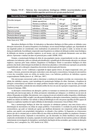 FUNASA - julho/2002 - pág. 73
Marcadores Biológicos de Efeito. Os Indicadores ou Marcadores Biológicos de Efeito podem ser definidos como
alterações mensuráveis, de natureza bioquímica e/ou fisiológica, em um sistema biológico qualquer, que, dependendo de
sua magnitude podem ser consideradas como sinalizadoras em potencial de um agravo à saúde, ou mesmo de uma
doença já estabelecida. Essa definição compreende sinais bioquímicos ou celulares de disfunção tecidual, sinais fisiológicos
de disfunção em sistemas ou aparelhos orgânicos, ou até mesmo, sem ser considerado diretamente como um efeito
adverso, representar e sinalizar um dano em potencial para a saúde (ATSDR, 1993).
Portanto, a monitorização biológica de efeito de uma população exposta, ocupacionalmente ou não, aos agentes
ambientais e/ou industriais, pode ser realizada pela identificação e quantificação de determinadas alterações em sistemas
orgânicos, expressas pelos sinais celulares, bioquímicos ou fisiológicos. Dentre os marcadores biológicos de efeito
podemos citar desde a determinação da atividade da colinesterase plasmática e eritrocitária nas exposições aos pesticidas
organofosforados até as alterações citogenéticas decorrentes da intoxicação pelo benzeno.
Vários estudos “in vivo” confirmam a capacidade de alguns agentes tóxicos, de origem ocupacional, como, por
exemplo, o benzeno, promoverem alterações moleculares como aberrações cromossômicas, formação de micronúcleos
e troca das cromátides irmãs em células da medula óssea e nos linfócitos periféricos de indivíduos expostos
ocupacionalmente (Yardley-Jones et. al., 1990; Iarc, 1987).
Pela microscopia convencional, pode-se determinar a existência de mutações ocorridas nos cromossomos das
células dos indivíduos expostos, como metodologia de monitorização biológica de efeito. Entretanto, a freqüência de
alterações cromossômicas em linfócitos do sangue periférico humano indica apenas que existe um dano genético, de
certa forma, inespecífico, podendo dar uma estimativa melhor do risco em caso de exposições ocupacionais, por exemplo
(Carrano & Natarajan, 1988).
As aberrações cromossômicas são alterações, quebras ou rearranjos na estrutura dos cromossomos, geralmente
observadas pela microscopia óptica, de células previamente estimuladas por mitógenos a se dividirem em um meio de
culturaebloqueadasemmetáfase.Recentemente,comoempregodeumnovométododeanálisecitogenética,ahibridização
insituporfluorescência(FISH,eminglês),temsidopossívelidentificarasaberraçõescromossômicas,numéricaseestruturais,
também nos núcleos em intérfase. Esse método se utiliza da hibridização in situ com provas específicas de DNA capazes de
bloquear as seqüências repetitivas de regiões definidas de determinados cromossomos (Gray & Pinkel, 1992).
Para a monitorização biológica de efeito das exposições às substâncias químicas, uma outra técnica seria a
determinação de micronúcleos em células do sangue periférico. O micronúcleo é o resultado da perda de fragmentos
cromossômicos, que pode ser induzida por agentes que danificam diretamente este componente celular, produzindo
quebras, para aqueles com propriedades clastogênicas, ou afetando o fuso mitótico. Os fragmentos ou cromossomos
inteiros que não se orientam para os núcleos filhos de uma célula em divisão ficam perdidos no citoplasma e formam a
própria membrana nuclear, originando os micronúcleos, que são detectados em células interfásicas como pequenos
corpúsculos arredondados de cromatina, separados do núcleo principal. As análises de micronúcleos podem ser utilizadas
rotineiramenteeminvestigaçõesdeclastogêneseeperturbaçõesdasfunçõesdofusoacromático,queresultamemalterações
numéricas, isto é, aneugênese (Au, 1991; Koteles et al, 1993).
Fonte: Ewers et al, 1999.
Chumbo (sangue)
Crianças até 12 anos e mulheres
(idade reprodutiva)
Homens e mulheres > 45 anos
Indivíduos < 25 anos
Indivíduos > 25 anos
Crianças e adultos
Crianças e adultos
Crianças e adultos
Crianças e adultos
150 ug/l
Tabela 19-IV - Valores dos marcadores biológicos (HBM) recomendados para
determinados agentes químicos por grupo populacional
100 ug/l
Grupo Populacional HBM I HBM IIMarcador Biológico
Cádmio (urina)
Mercúrio (urina)
Mercúrio (sangue)
Pentaclorofenol (sangue)
250 ug/l
20 ug/g creat.
15 ug/l
70 ug/l
40 ug/l25 ug/l.Pentaclorofenol (urina)
150 ug/l
1 ug/g creat.
2 ug/g creat.
5 ug/g creat.
5 ug/g creat.
40 ug/l.
3 ug/g creat.
5 ug/g creat.
 
