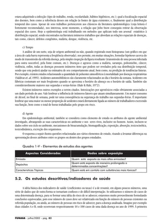 FUNASA - julho/2002 - pág. 82
estava adquirindo a infecção (tipo de trabalho, renda, escolaridade, hábitos higiênicos, etc.); qual a localização espacial
dos doentes, bem como a referência desses em relação às fontes de água existentes; e, finalmente qual a distribuição
temporal dos casos. Apesar de seus trabalhos pertencerem aos clássicos da literatura epidemiológica (cuja leitura é
fortemente recomendada), nos interessa, neste momento, a relação que John Snow conseguiu retirar da observação
espacial dos casos. Hoje a epidemiologia está trabalhando em métodos que aplicam todo um arsenal estatístico à
distribuição espacial, sendo encontrados na literatura inúmeros trabalhos que abordam as relações espaciais de doenças,
tais como, câncer, defeitos congênitos, malária, dengue, violência, etc.
c) Tempo
A análise de um surto, seja de origem ambiental ou não, quando registrado num histograma (um gráfico em que
a área de cada barra representa a freqüência observada), nos permite, em muitas situações, formular hipóteses acerca do
modo de transmissão da referida doença, pela simples inspeção da figura resultante (transmissão de uma pessoa infectada
para outra suscetível, pela fonte comum, etc.). Doenças e agravos como a malária, sarampo, poliomielite, câncer,
violência, enfim, todas as doenças possuem inúmeros itens que podem ser revelados pela sua distribuição temporal,
sendo que esta poderá ajudar na estimativa de seu comportamento atual, bem como, na predição de tendências futuras.
Por exemplo, existem estudos relacionando a quantidade de poluentes atmosféricos à mortalidade por doenças respiratórias
(Saldivar et. al, 1995). Acidentes automobilísticos são claramente relacionados ao dia e horário da semana. Acidentes em
fábricas costumam ser mais freqüentes quando se aproxima o horário do almoço ou o horário de saída. Também são
consideravelmente maiores nas segundas e sextas-feiras (Hale & Hale, 1972).
Existem inúmeros outros exemplos a serem citados. Intoxicações por agrotóxicos estão obviamente associadas a
um dado período do ano. Vale lembrar a influência de inúmeros fatores que atuam simultaneamente. Um maior consumo
de álcool, no final de semana, pode ter uma conseqüência na segurança do trabalho nas segundas-feiras. É importante
lembrar que uma maior ou menor proporção de acidentes estará diretamente ligada ao número de trabalhadores exercendo
sua função, bem como o total de horas trabalhadas pelo grupo em risco.
d) Agente
Em epidemiologia ambiental, também se considera como elemento de estudo os atributos do agente ambiental
investigado, abrangendo as suas características no ambiente e nos seres vivos, inclusive no homem. Assim, incluem-se
dados sobre seu ciclo no ambiente, mecanismos de bioacumulação, biomagnificação, exposição, absorção, toxicocinética,
toxicodinâmica, excreção dos organismos.
O esquema a seguir ilustra questões relacionadas aos vários elementos de estudo, visando a levantar diferenças na
apresentação desses atributos entre os grupos ou dentro dos grupos estudados.
Quadro 1-V - Elementos de estudos dos agentes
5.2. Os estudos descritivos/indicadores de saúde
A idéia básica dos indicadores de saúde (coeficientes ou taxas) é a de resumir, em alguns poucos números, uma
série de dados que de outra forma se tornariam confusos e de difícil interpretação. Se utilizarmos o número de casos de
uma determinada doença, para se formar uma idéia do risco de se adoecer, estaremos muito provavelmente formulando
conclusões equivocadas, pois esse número de casos deve ser relativizado em função do número de pessoas existentes na
referida população, ou ainda, ao número de pessoas em risco de adoecer, para a doença analisada. Imagine por exemplo
duas cidades A e B, onde ocorreram respectivamente 10 e 100 casos de uma dada doença no ano de 1999. À primeira
Aspectos Considerados
Emissão
Depósitos
Características Tópicas
Dados sobre exposição
Quem está exposto às mais altas emissões?
Quem está exposto de maneira prolongada a
determinadas concentrações?
Quem está em contato com substâncias mais tóxicas?
 