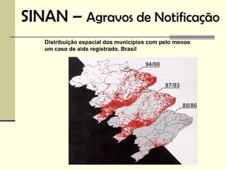 SINAN – Agravos de Notificação
   Distribuição espacial dos municípios com pelo menos
   um caso de aids registrado. Brasil
 
