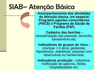 SIAB– Atenção Básica
         Acompanhamento das atividades
          de Atenção básica, em especial
         Programa agentes comunitários
         (PACS) e Programa de Saúde da
                  Família (PSF)
               Cadastro das famílias -
        caracterização das pessoas, domicílio,
                   saneamento etc.
         Indicadores de grupos de risco -
            crianças < 2 anos, gestantes,
        hipertensos, diabéticos, pessoas com
             tuberculose ou hanseníase.
         Indicadores produção - cobertura,
           notificação de agravos, óbitos,
                  hospitalizações etc.
 