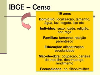 IBGE – Censo
                    10 anos
        Domicílio: localização, tamanho,
          água, luz, esgoto, lixo etc.
        Indivíduo: sexo, idade, religião,
                   cor, raça
          Famílias: tamanho, relação
                 parentesco
           Educação: alfabetização,
                escolaridade
        Mão-de-obra: ocupação, carteira
           de trabalho, desemprego,
                  rendimento
        Fecundidade: no. filhos/mulher
 