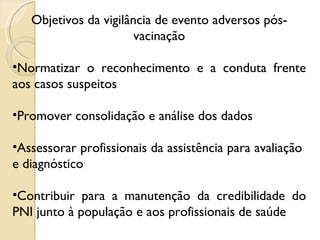 Objetivos da vigilância de evento adversos pós-vacinação Normatizar o reconhecimento e a conduta frente aos casos suspeitos Promover consolidação e análise dos dados Assessorar profissionais da assistência para avaliação  e diagnóstico Contribuir para a manutenção da credibilidade do PNI junto à população e aos profissionais de saúde 
