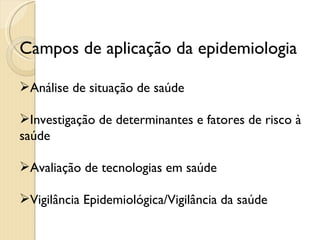 Campos de aplicação da epidemiologia Análise de situação de saúde  Investigação de determinantes e fatores de risco à saúde  Avaliação de tecnologias em saúde  Vigilância Epidemiológica/Vigilância da saúde  