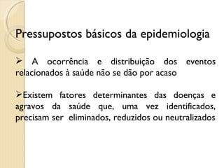 Pressupostos básicos da epidemiologia A ocorrência e distribuição dos eventos relacionados à saúde não se dão por acaso Existem fatores determinantes das doenças e agravos da saúde que, uma vez identificados, precisam ser  eliminados, reduzidos ou neutralizados 