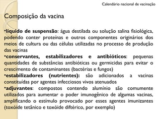 Composição da vacina líquido de suspensão : água destilada ou solução salina fisiológica, podendo conter proteínas e outros componentes originários dos meios de cultura ou das células utilizadas no processo de produção das vacinas conservantes, estabilizadores e antibióticos : pequenas quantidades de substâncias antibióticas ou germicidas para evitar o crescimento de contaminantes (bactérias e fungos) estabilizadores (nutrientes):  são adicionados a vacinas constituídas por agentes infecciosos vivos atenuados adjuvantes : compostos contendo alumínio são comumente utilizados para aumentar o poder imunogênico de algumas vacinas, amplificando o estímulo provocado por esses agentes imunizantes (toxóide tetânico e toxóide diftérico, por exemplo) Calendário nacional de vacinação 
