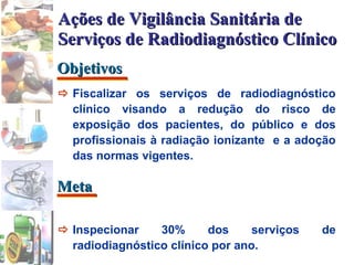  Fiscalizar os serviços de radiodiagnóstico clínico visando a redução do risco de exposição dos pacientes, do público e dos profissionais à radiação ionizante  e a adoção das normas vigentes.  Inspecionar 30% dos serviços de radiodiagnóstico clínico por ano. Ações de Vigilância Sanitária de Serviços de Radiodiagnóstico Clínico Objetivos Meta 