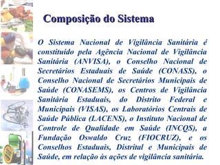 O Sistema Nacional de Vigilância Sanitária é constituído pela Agência Nacional de Vigilância Sanitária (ANVISA), o Conselho Nacional de Secretários Estaduais de Saúde (CONASS), o Conselho Nacional de Secretários Municipais de Saúde (CONASEMS), os Centros de Vigilância Sanitária Estaduais, do Distrito Federal e Municipais (VISAS), os Laboratórios Centrais de Saúde Pública (LACENS), o Instituto Nacional de Controle de Qualidade em Saúde (INCQS), a Fundação Oswaldo Cruz (FIOCRUZ), e os Conselhos Estaduais, Distrital e Municipais de Saúde, em relação às ações de vigilância sanitária.   Composição do Sistema 