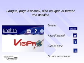 Langue, page d’accueil, aide en ligne et fermer une session Langue Page d’accueil Aide en ligne Fermer une session 
