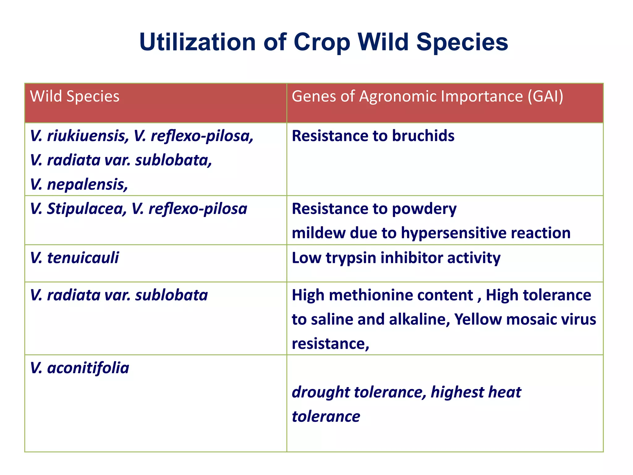 Wild Species Genes of Agronomic Importance (GAI)
V. riukiuensis, V. reﬂexo-pilosa,
V. radiata var. sublobata,
V. nepalensis,
Resistance to bruchids
V. Stipulacea, V. reﬂexo-pilosa Resistance to powdery
mildew due to hypersensitive reaction
V. tenuicauli Low trypsin inhibitor activity
V. radiata var. sublobata High methionine content , High tolerance
to saline and alkaline, Yellow mosaic virus
resistance,
V. aconitifolia
drought tolerance, highest heat
tolerance
Utilization of Crop Wild Species
 