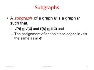 Subgraphs
• A subgraph of a graph G is a graph H
such that:
– V(H) V(G) and E(H) E(G) and
– The assignment of endpoints to edges in H is
the same as in G.
Graph Theory S Sameen Fatima 21
 