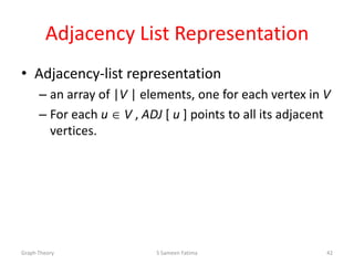 Adjacency List Representation
• Adjacency-list representation
– an array of |V | elements, one for each vertex in V
– For each u V , ADJ [ u ] points to all its adjacent
vertices.
Graph Theory S Sameen Fatima 42
 