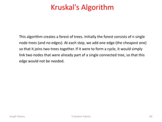 Kruskal's Algorithm
This algorithm creates a forest of trees. Initially the forest consists of n single
node trees (and no edges). At each step, we add one edge (the cheapest one)
so that it joins two trees together. If it were to form a cycle, it would simply
link two nodes that were already part of a single connected tree, so that this
edge would not be needed.
Graph Theory S Sameen Fatima 60
 
