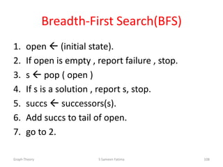 Breadth-First Search(BFS)
1. open  (initial state).
2. If open is empty , report failure , stop.
3. s  pop ( open )
4. If s is a solution , report s, stop.
5. succs  successors(s).
6. Add succs to tail of open.
7. go to 2.
Graph Theory S Sameen Fatima 108
 