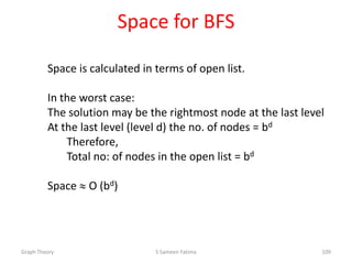 Space for BFS
Space is calculated in terms of open list.
In the worst case:
The solution may be the rightmost node at the last level
At the last level (level d) the no. of nodes = bd
Therefore,
Total no: of nodes in the open list = bd
Space O (bd)
Graph Theory S Sameen Fatima 109
 