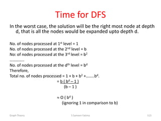 Time for DFS
In the worst case, the solution will be the right most node at depth
d, that is all the nodes would be expanded upto depth d.
No. of nodes processed at 1st level = 1
No. of nodes processed at the 2nd level = b
No: of nodes processed at the 3rd level = b2
…………..
No. of nodes processed at the dth level = bd
Therefore,
Total no. of nodes processed = 1 + b + b2 +……..bd.
= b ( bd – 1 )
(b – 1 )
O ( bd )
(ignoring 1 in comparison to b)
Graph Theory S Sameen Fatima 113
 