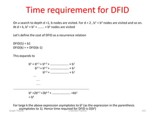 Time requirement for DFID
On a search to depth d =1, b nodes are visited. For d = 2 , b1 + b2 nodes are visited and so on.
At d = k, b1 + b2 + …….. + bk nodes are visited
Let’s define the cost of DFID as a recurrence relation
DFID(1) = b1
DFID(k) = + DFID(k-1)
This expands to
bk + bk-1 + bk-2 + ………………….. + b1
bk-1 + bk-2 + ………………….. + b1
bk-2 + ………………….. + b1
……
…….
……..
___________________________________________________________________
bk +2bk-1 +3bk-2 + ………………….. +kb1
= bk
For large k the above expression asymptotes to bk (as the expression in the parenthesis
asymptotes to 1). Hence time required for DFID is O(bk)
Graph Theory S Sameen Fatima 115
 