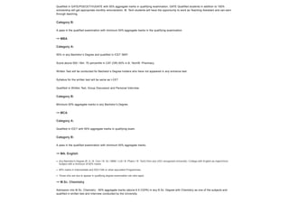Qualified in GATE/PGECET/VUGATE with 50% aggregate marks in qualifying examination. GATE Qualified students in addition to 100%
scholarship will get appropriate monthly remuneration. M. Tech students will have the opportunity to work as Teaching Assistant and can earn
through teaching.
Category B:
A pass in the qualified examination with minimum 50% aggregate marks in the qualifying examination.
MBA
Category A:
55% in any Bachelor’s Degree and qualified in ICET /MAT.
Score above 500 / Min. 70 percentile in CAT (OR) 60% in B. Tech/B. Pharmacy.
Written Test will be conducted for Bachelor’s Degree holders who have not appeared in any entrance test.
Syllabus for the written test will be same as I-CET
Qualified in Written Test, Group Discussion and Personal Interview.
Category B:
Minimum 50% aggregate marks in any Bachelor’s Degree.
MCA
Category A:
Qualified in ICET with 50% aggregate marks in qualifying exam.
Category B:
A pass in the qualified examination with minimum 50% aggregate marks.
MA. English
Any Bachelor's Degree (B. A / B. Com / B. Sc / BBM / LLB / B. Pharm / B. Tech) from any UGC recognized University / College with English as major/minor
Subject with a minimum of 60% marks.
60% marks in Intermediate and SSC/10th or other equivalent Programmes.
Those who are due to appear in qualifying degree examination can also apply
M.Sc. Chemistry
Admission into M.Sc. Chemistry - 60% aggregate marks (above 6.5 CGPA) in any B.Sc. Degree with Chemistry as one of the subjects and
qualified in written test and Interview conducted by the University.




 