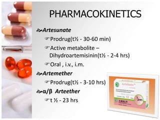 Artesunate
Prodrug(t½ - 30-60 min)
Active metabolite –
Dihydroartemisinin(t½ - 2-4 hrs)
Oral , i.v., i.m.
Artemether
Prodrug(t½ - 3-10 hrs)
α/β Arteether
t ½ - 23 hrs
PHARMACOKINETICS
 