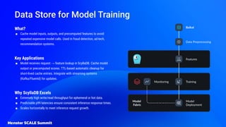 Data Store for Model Training
What?
■ Cache model inputs, outputs, and precomputed features to avoid
repeated expensive model calls. Used in fraud detection, ad-tech,
recommendation systems.
Key Applications
■ Model receives request → feature lookup in ScyllaDB. Cache model
output or precomputed scores. TTL-based automatic cleanup for
short-lived cache entries. Integrate with streaming systems
(Kafka/Fluentd) for updates.
Why ScyllaDB Excels
■ Extremely high write/read throughput for ephemeral or hot data.
■ Predictable p99 latencies ensure consistent inference response times.
■ Scales horizontally to meet inference request growth.
 