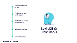 Deployment model
BYOA
ScyllaDB @
Freshworks
Performance and
scale factors
ScyllaDB use cases
in Freshworks
Migration Journey
Future Use cases
 