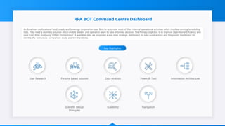 RPA BOT Command Centre Dashboard
An American multinational food, snack, and beverage corporation uses Bots to automate most of their internal operational activities which involves running/scheduling
Jobs. They need a seamless solution which enable leaders and operation team to take informed decision. The Primary objective is to improve Operational Efficiency and
save Cost. After Analysing ‘UiPath Orchestrator’ & available data we proposed a real-time strategic dashboard (to take quick action) and Diagnostic Dashboard (to
identify the root cause, comparison study and trend analysis).
Key Highlights
User Research Power BI Tool Information Architecture
Scientific Design
Principles
Scalability
Data Analysis
Persona Based Solution
Navigation
 