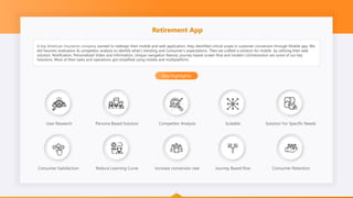 Retirement App
A top American Insurance company wanted to redesign their mobile and web application, they identified critical scope in customer conversion through Mobile app. We
did heuristic evaluation & competitor analysis to identify what's trending and Consumer’s expectations. Then we crafted a solution for mobile by utilizing their web
solution. Notification, Personalized Video and information, Unique navigation feature, journey based screen flow and modern UI/interaction are some of our key
Solutions. Most of their tasks and operations got simplified using mobile and multiplatform.
Key Highlights
User Research Scalable Solution For Specific Needs
Reduce Learning Curve Increase conversion rate
Competitor Analysis
Persona Based Solution
Journey Based flow Consumer Retention
Consumer Satisfaction
 