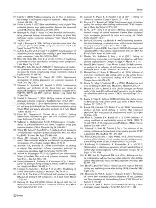 Silicon
67. Capello E (2004) Workpiece damping and its effect on delamina-
tion damage in drilling thin composite laminates. J Mater Process
Technol 148:186–195
68. Davim P, Mata F (2007) New machinability study of glass fibre
reinforced plastics using polycrystalline diamond and cemented
carbide (K15) tools. Mater Des 28:1050–1054
69. Bhatnagar N, Singh I, Nayak D (2004) Materials and manufac-
turing processes damage investigation in drilling of glass fiber
reinforced plastic composite laminates. Mater Manuf Process
196:995–1007
70. Singh I, Bhatnagar N (2006) Drilling of uni-directional glass fiber
reinforced plastic (UD-GFRP) composite laminates. Int J Adv
Manuf Technol 27:870–876
71. Kishore RA, Tiwari R, Dvivedi A et al (2009) Taguchi analysis of
the residual tensile strength after drilling in glass fiber reinforced
epoxy composites. Mater Des 30:2186–2190
72. Babu DG, Babu DK, Uma B et al (2013) Effect of machining
parameters on milled natural fiber- reinforced plastic composites.
J Adv Mech Eng 1:1–12
73. Babu DG, Babu SK, Gowd UMB (2013) Optimization of machin-
ing parameters in drilling hemp fiber reinforced composites to
maximize the tensile strength using design experiments. Indian J
Eng Mater Sci 20:385–390
74. Naveen PN, Yasaswi M, Prasad RV (2012) Experimental
investigation of drilling parameters on composite materials. J
Mech Civil Eng 2:30–37
75. Velumani S, Krishnan NP, Jayabal S (2013) Mathematical
modeling and prediction of the thrust force and torque in
drilling of sisal/glass-vinyl ester hybrid composite using the RSM,
MLPNN, RBFN and ENN methods. Indian J Eng Mater Sci
20:289–298
76. Jayabal S, Natarajan U (2011) Drilling analysis of coir–fibre-
reinforced polyester composites. Bull Mater Sci 34:1563–1567
77. Jayabal S, Natarajan U (2010) Optimization of thrust force, torque,
and tool wear in drilling of coir fiber-reinforced composites using
Nelder-Mead and genetic algorithm methods. Int J Adv Manuf
Technol 51:371–381
78. Durão LP, Gonçalves D, Tavares JR et al (2013) Drilling
delamination outcomes on glass and sisal reinforced plastics.
Mater Sci Forum 730:301–306
79. Sridharan V, Muthukrishnan N (2013) Optimization of machin-
ability of polyester/modified jute fabric composite using grey
relational analysis (GRA). Procedia Eng 64:1003–1012
80. Yallew TB, Kumar P, Singh I (2016) A study about hole making in
woven jute fabric-reinforced polymer composites. Proc Inst Mech
Eng Part L: J Mater: Des Appl 230:888–898
81. Bajpai KP, Debnath K, Singh I (2015) Hole making in
natural fiber-reinforced polylactic acid laminates: an experimental
investigation. J Thermoplast Compos Mater 30:30–46
82. Aravindh VS, Umanath K (2015) Delamination in drilling
of natural fibre reinforced polymer composites produced by
compression moulding. Appl Mech Mater 766:796–800
83. Abilash N, Sivapragash M (2016) Optimizing the delamination
failure in bamboo fiber reinforced polyester composite. J King
Saud Univ—Eng Sci 28:92–102
84. Vinayagamoorthy R, Rajeswari N, Karthikeyan S (2015) Investi-
gations of damages during drilling of natural sandwich compos-
ites. Appl Mech Mater 766:812–817
85. Uhlmann E, Sammler F, Richarz S et al (2014) Machining of
carbon fibre reinforced plastics. Procedia CIRP 24:19–24
86. Jia Z, Fu R, Niu B et al (2016) Novel drill structure for damage
reduction in drilling CFRP composites. Int J Mach Tools Manuf
110:55–65
87. Hocheng H, Tsao CC (2006) Effects of special drill bits on
drilling-induced delamination of composite materials. Int J Mach
Tools Manuf 46:1403–1416
88. Lachaud F, Piquet R, Collombet F et al (2011) Drilling of
composite structures. Compos Struct 52:511–516
89. Eneyew ED, Ramulu M (2014) Experimental study of surface
quality and damage when drilling unidirectional CFRP compos-
ites. J Mater Res Technol 3:354–362
90. Li N, Li Y, Zhou J et al (2015) Drilling delamination and
thermal damage of carbon nanotubes /carbon fiber reinforced
epoxy composites processed by micro wave curing. Int J Mach
Tools Manuf 97:11–17
91. Seif MA, Khashaba UA, Oviedo R (2007) Measuring delamina-
tion in carbon/epoxy composites using a shadow moire laser based
imaging technique. Compos Struct 79:113–118
92. Shyha IS, Aspinwall DK, Soo S et al (2009) Drill geometry and
operating effects when cutting small diameter holes in CFRP. Int
J Mach Tools Manuf 49:1008–1014
93. Phadnis VA, Makhdum F, Roy A et al (2013) Drilling in
carbon/epoxy composites: experimental investigations and finite
element implementation. Compos A: Appl Sci Manuf 47:41–51
94. Feito N, Dı́az-Álvarez J, Dı́az-Álvarez A et al (2014) Experimen-
tal analysis of the influence of drill point angle and wear on the
drilling of woven CFRPs. Materials 7:4258–4271
95. Merino-Pérez JL, Royer R, Merson E et al (2016) Influence of
workpiece constituents and cutting speed on the cutting forces
developed in the conventional drilling of CFRP composites.
Compos Struct 140:621–629
96. Iliescu D, Gehin D, Gutierrez M et al (2010) Modeling and tool
wear in drilling of CFRP. Int J Mach Tools Manuf 50:204–213
97. Mayuet P, Gallo A, Portal A et al (2013) Damaged area based
study of the break-IN and break-OUT defects in the dry drilling
of carbon fiber reinforced plastics (CFRP). Procedia Eng 63:743–
751
98. Karpat Y, Deger B, Bahtiyar O (2012) Drilling thick fabric woven
CFRP laminates with double point angle drills. J Mater Process
Technol 212:2117–2127
99. Karnik SR, Gaitonde VN, Rubio JC et al (2008) Delamination
analysis in high speed drilling of carbon fiber reinforced
plastics (CFRP) using artificial neural network model. Mater Des
29:1768–1776
100. Mata F, Gaitonde VN, Karnik SR et al (2009) Influence of
cutting conditions on machinability aspects of PEEK, PEEK CF
30 and PEEK GF 30 composites using PCD tools. J Mater Process
Technol 209:1980–1987
101. Schornı́k V, Dana M, Zetková I (2015) The influence of the
cutting conditions on the machined surface quality when the CFRP
is machined. Procedia Eng 100:1270–1276
102. Feito N, Diaz-Álvarez J, López-Puente J et al (2016) Numerical
analysis of the influence of tool wear and special cutting geometry
when drilling woven CFRPs. Compos Struct 138:285–294
103. Krishnaraj V, Prabukarthi A, Ramanathan A et al (2012)
Optimization of machining parameters at high speed drilling of
carbon fiber reinforced plastic (CFRP) laminates. Compos Part B
Eng 43:1791–1799
104. Li MJ, Soo SL, Aspinwall DK et al (2014) Influence of lay-
up configuration and feed rate on surface integrity when drilling
carbon fibre reinforced plastic (CFRP) composites. Procedia CIRP
13:399–404
105. Heisel U, Pfeifroth T (2012) Influence of point angle on drill hole
quality and machining forces when drilling CFRP. Procedia CIRP
1:471–476
106. Henerichs M, Voß R, Kuster F, Wegener K (2015) Machining
of carbon fiber reinforced plastics: influence of tool geometry
and fiber orientation on the machining forces. CIRP J Manuf Sci
Technol 9:136–145
107. Koenig W, Wulf C, Willerscheid H (1985) Machining of fiber
reinforced plastics manufact. Tech CIRP Ann 34:537–548
 