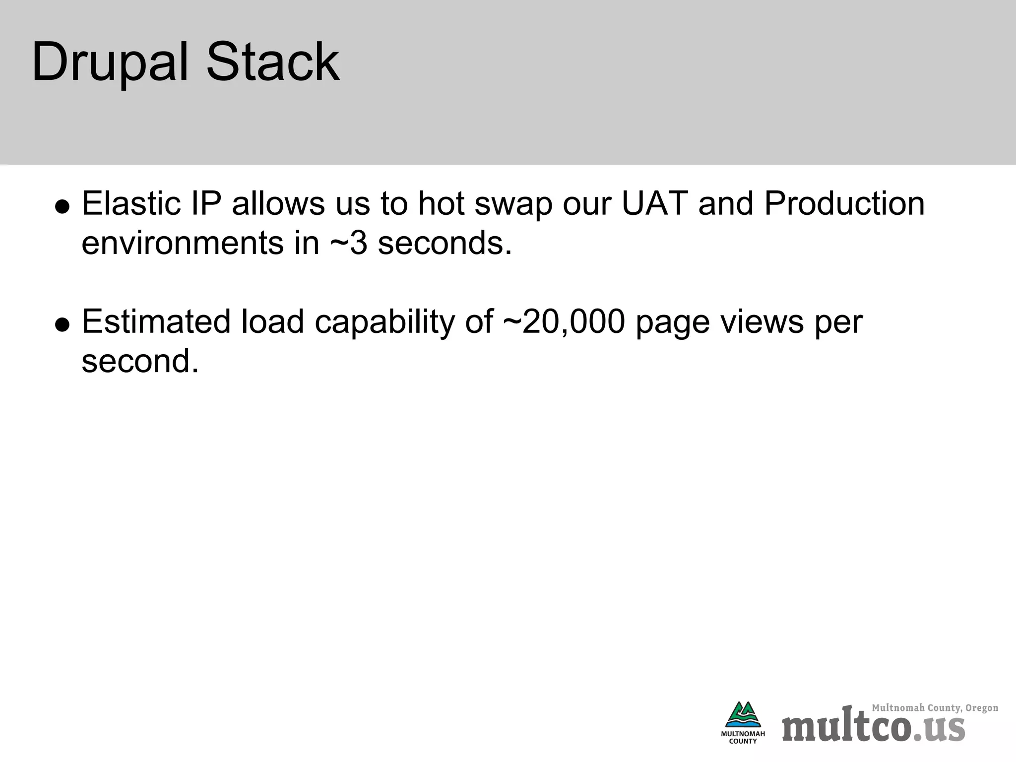 Drupal Stack

 Elastic IP allows us to hot swap our UAT and Production
 environments in ~3 seconds.

 Estimated load capability of ~20,000 page views per
 second.
 