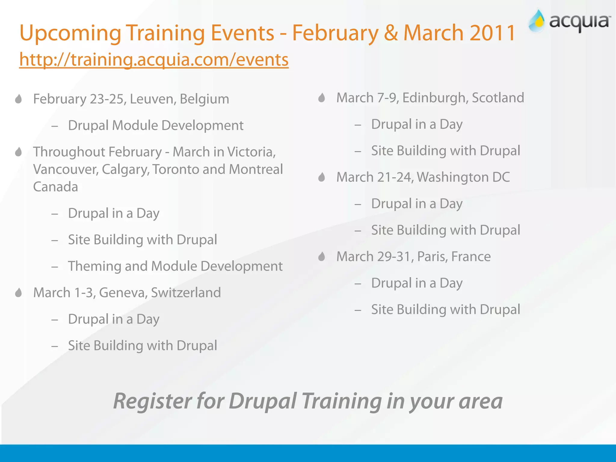 Upcoming Training Events - February & March 2011
http://training.acquia.com/events
 February 23-25, Leuven, Belgium            March 7-9, Edinburgh, Scotland
   – Drupal Module Development                 – Drupal in a Day
 Throughout February - March in Victoria,      – Site Building with Drupal
 Vancouver, Calgary, Toronto and Montreal
                                            March 21-24, Washington DC
 Canada
                                               – Drupal in a Day
   – Drupal in a Day
                                               – Site Building with Drupal
   – Site Building with Drupal
                                            March 29-31, Paris, France
   – Theming and Module Development
                                               – Drupal in a Day
 March 1-3, Geneva, Switzerland
                                               – Site Building with Drupal
   – Drupal in a Day
   – Site Building with Drupal



             Register for Drupal Training in your area
 