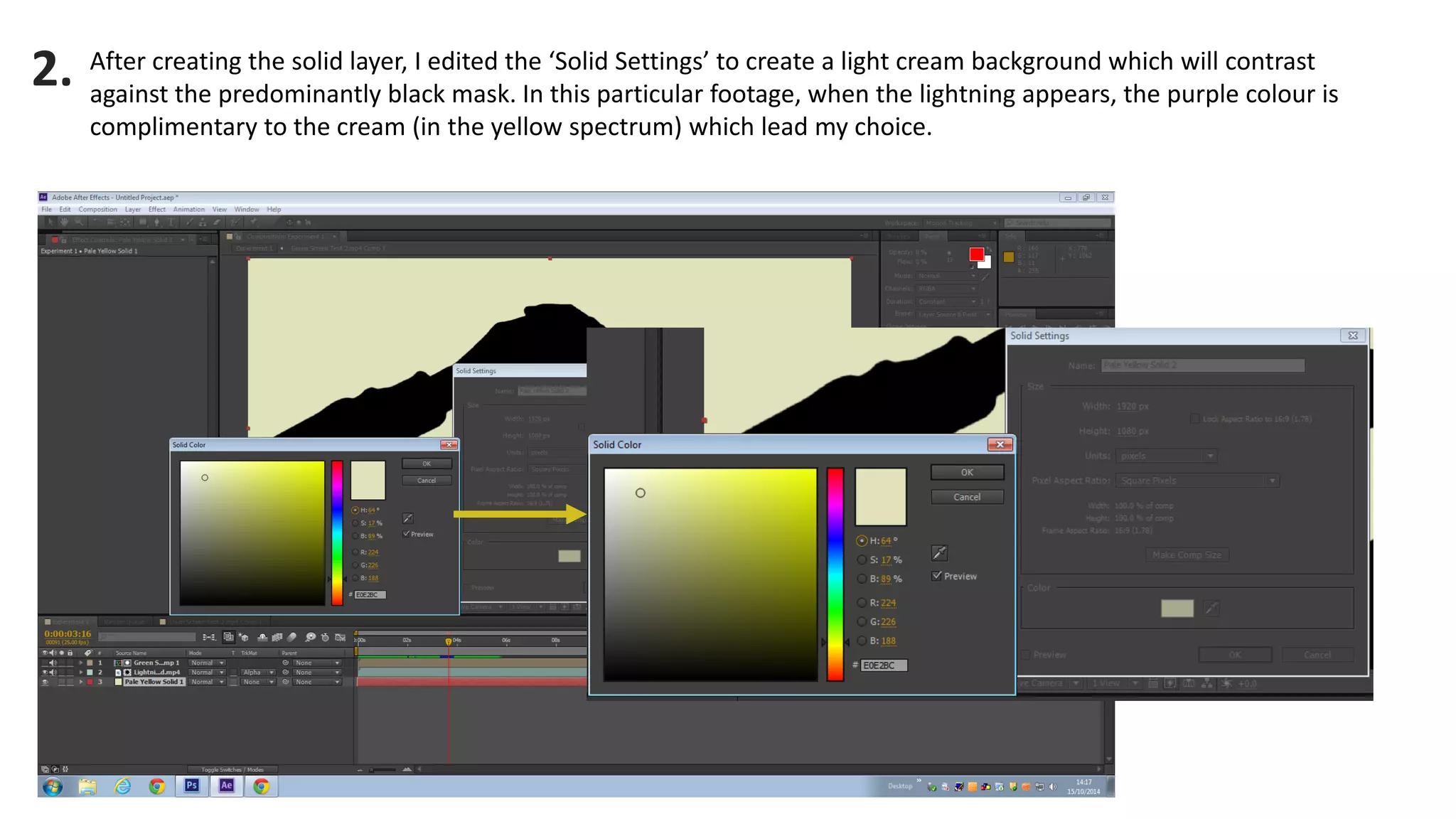 After creating the solid layer, I edited the ‘Solid Settings’ to create a light cream background which will contrast against the predominantly black mask. In this particular footage, when the lightning appears, the purple colour is complimentary to the cream (in the yellow spectrum) which lead my choice. 
2.  