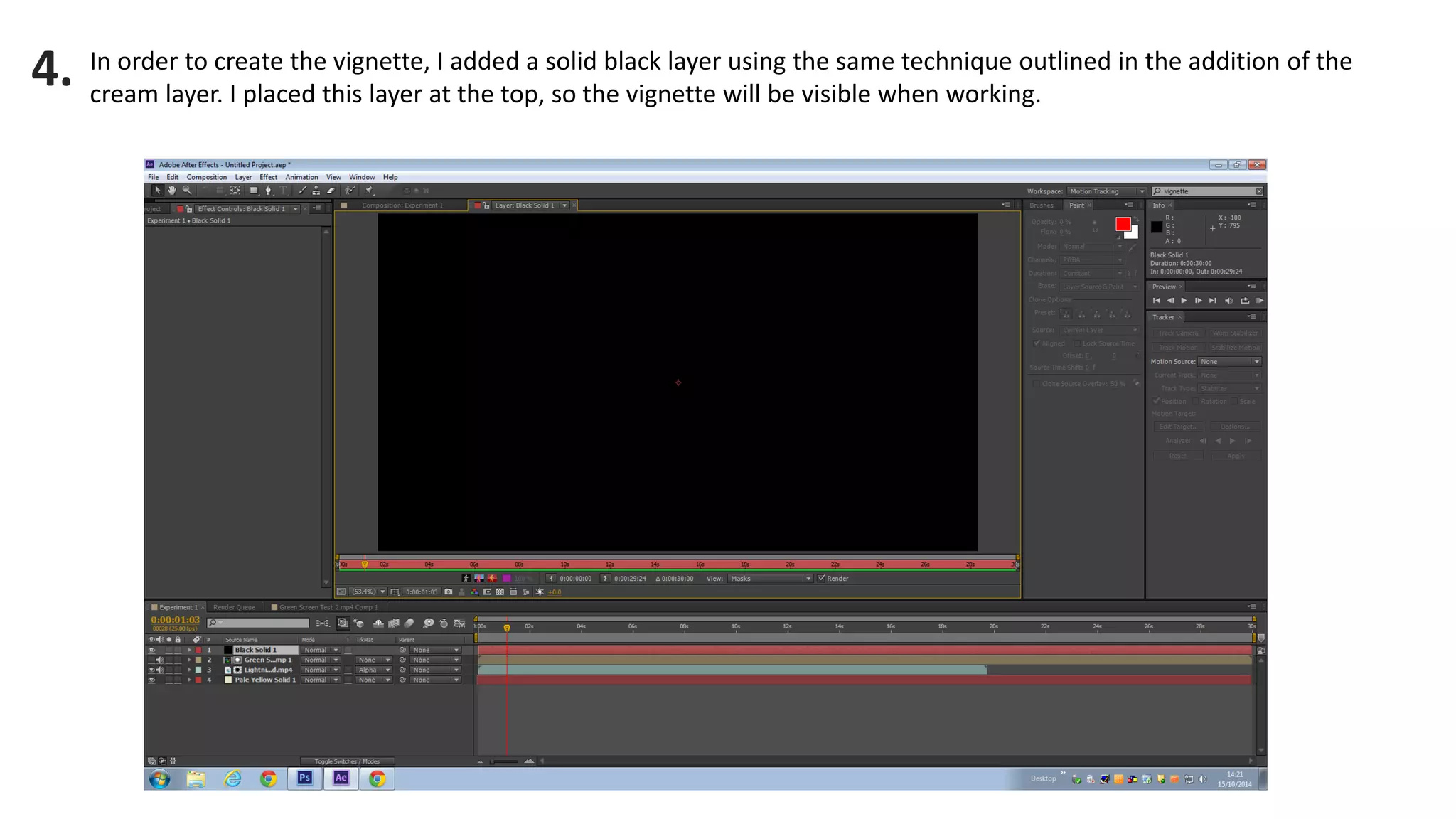 In order to create the vignette, I added a solid black layer using the same technique outlined in the addition of the cream layer. I placed this layer at the top, so the vignette will be visible when working. 
4.  