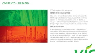 CONTEXTO / DESAFIO
A Vignis atua em dois segmentos:
SETOR SUCROENERGÉTICO
Atua como fornecedor de matéria-prima, verticalizando
100% da produção de plantio, cultivo, colheita e entrega
da cana na esteira da unidade industrial do cliente. A
solução é feita através da instalação de canaviais de Cana
Energia Vignis próximos às unidades de processamento.
SETOR INDUSTRIAL
A biomassa produzida através da Cana Energia Vignis é
uma energia 100% limpa, substituindo outras fontes de
combustível poluentes utilizadas na geração de energia.
Em projetos desenvolvidos para as necessidades de cada
negócio, é instalado próximo à unidade produtiva do
cliente um canavial com variedades selecionadas de Cana
Energia Vignis, de acordo com cada desafio.
 