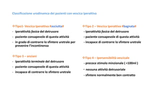 Classificazione urodinamca dei pazienti con vescica iperattiva
Tipo1- Vescica Iperattiva #asciutta#
- iperattività fasica del detrusore
- paziente consapevole di questa attività
- in grado di contrarre lo sfintere uretrale per
prevenire l’incontinenza
Tipo 3 – anziani
- iperattività terminale del detrusore
- paziente consapevole di questa attività
- incapace di contrarre lo sfintere uretrale
Tipo 2 – Vescica Iperattiva #bagnata#
- iperattività fasica del detrusore
- paziente consapevole di questa attività
- incapace di contrarre lo sfintere uretrale
Tipo 4 – Ipersensibilità vescicale
- precoce stimolo minzionale ( <100ml )
- nessuna attività detrusoriale
- sfintere normalmente ben contratto
 