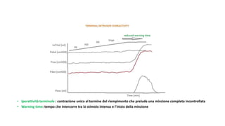 • Iperattività terminale : contrazione unica al termine del riempimento che prelude una minzione completa incontrollata
• Warning time: tempo che intercorre tra lo stimolo intenso e l’inizio della minzione
 