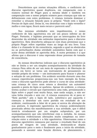 Descobrimos que nestas situações difíceis, o coeficiente de
discurso egocêntrico quase duplicava, em comparação com o
número normal de Piaget para a mesma idade e também em
comparação com o nosso próprio número para crianças que não se
defrontavam com estes problemas. A criança tentaria dominar e
remediar a situação falando para si própria: “Onde está o lápis?
Preciso de lápis azul. Deixa lá, vou desenhar com o lápis vermelho e
molho-o com água; ficará mais escuro e parecerá azul”.

       Nas mesmas atividades sem impedimentos, o nosso
coeficiente de fala egocêntrica era até um pouco inferior ao de
Piaget. Portanto, é legítimo presumir que as interrupções do livre
desenrolar da atividade são estímulos importantes para o discurso
egocêntrico. Esta descoberta adequa-se com duas premissas que o
próprio Piaget refere repetidas vezes ao longo do seu livro. Uma
delas é a chamada lei da consciência, segundo a qual os obstáculos
ou as perturbações duma atividade automática fazem com que o
autor dessa atividade se aperceba dela. A outra premissa é a que
afirma que o discurso é uma expressão desse processo de tomada
de consciência.

      As nossas descobertas indicam que o discurso egocêntrico já
não se limita a ser um simples acompanhamento da atividade da
criança Para além de ser um meio de expressão e de libertação de
tensão em breve se torna um instrumento de pensamento no
sentido próprio do termo — um instrumento para buscar e planear
a solução de um problema. Um acidente ocorrido durante uma das
nossas experiências proporciona-nos um bom exemplo da forma
como o discurso egocêntrico pode alterar o curso de uma atividade:
uma criança de cinco anos estava a desenhar um automóvel
quando a ponta do lápis se quebrou. Apesar do acidente, a criança
tentou acabar o círculo que representava uma roda, pressionando o
lápis sobre o papel com muita força, mas nada surgiu, a não ser
uma linha vincada e sem cor. A criança sussurrou de si para si:
“Está partido.” pôs o lápis de lado, substitui-o por aquarela e
começou a desenhar um carro partido em resultado de um
acidente, continuando a falar de si para si acerca da alteração da
sua pintura. A expressão egocêntrica da criança acidentalmente
provocada afetou tão manifestamente a sua atividade, que é difícil
tomá-la erradamente por um simples subproduto, por um
acompanhamento que não interferisse com a melodia. As nossas
experiências evidenciaram alterações muito complexas na inter-
relação entre a atividade e a fala egocêntrica. Observamos como o
discurso egocêntrico começava por marcar o resultado final de um
ponto de viragem de uma atividade, deslocando-se depois
gradualmente para o meio e finalmente para o início da atividade,
passando a assumir uma função diretora, de planeamento, e
 