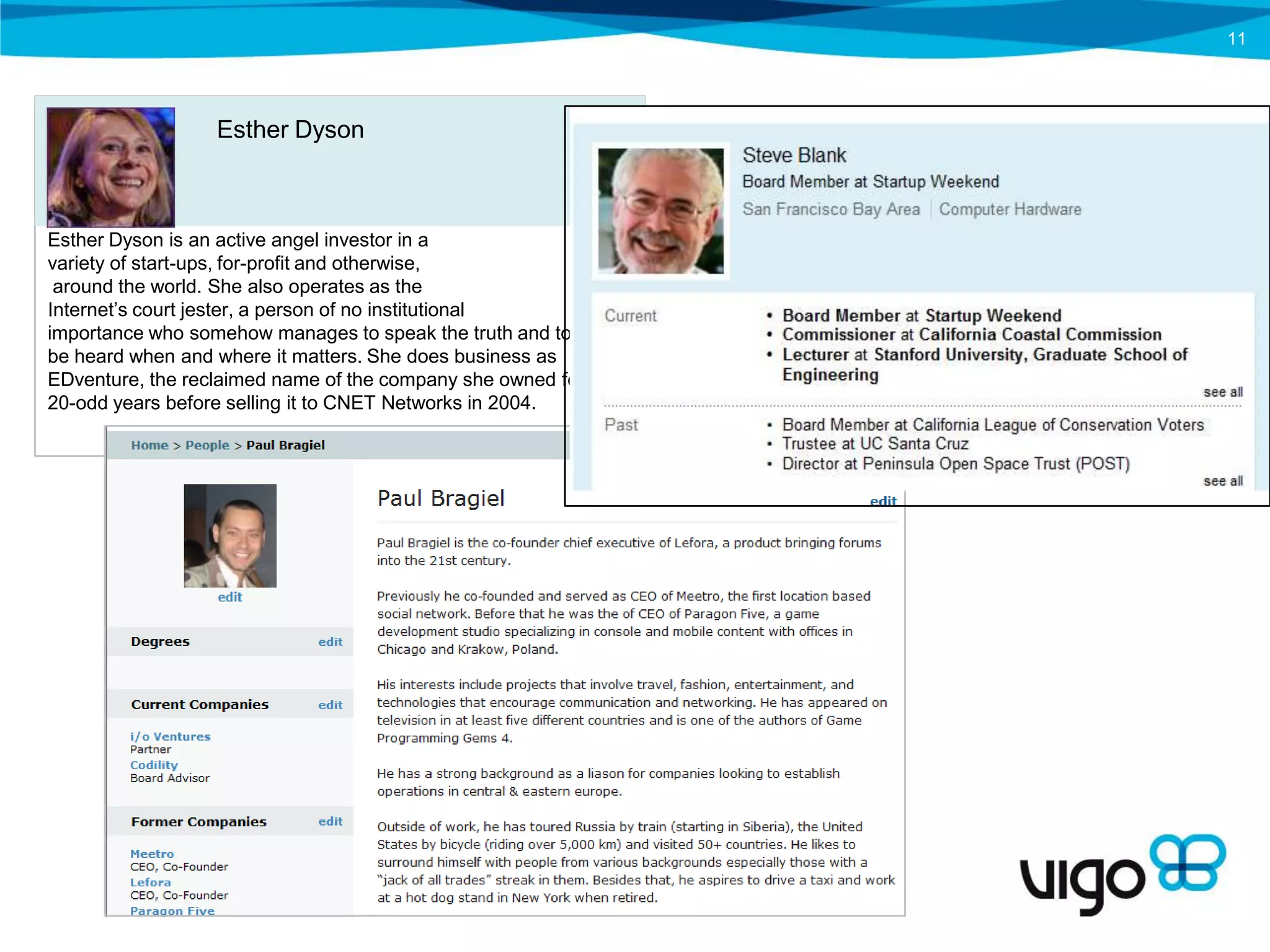 11




                  Esther Dyson



Esther Dyson is an active angel investor in a
variety of start-ups, for-profit and otherwise,
 around the world. She also operates as the
Internet’s court jester, a person of no institutional
importance who somehow manages to speak the truth and to
be heard when and where it matters. She does business as
EDventure, the reclaimed name of the company she owned for
20-odd years before selling it to CNET Networks in 2004.
 