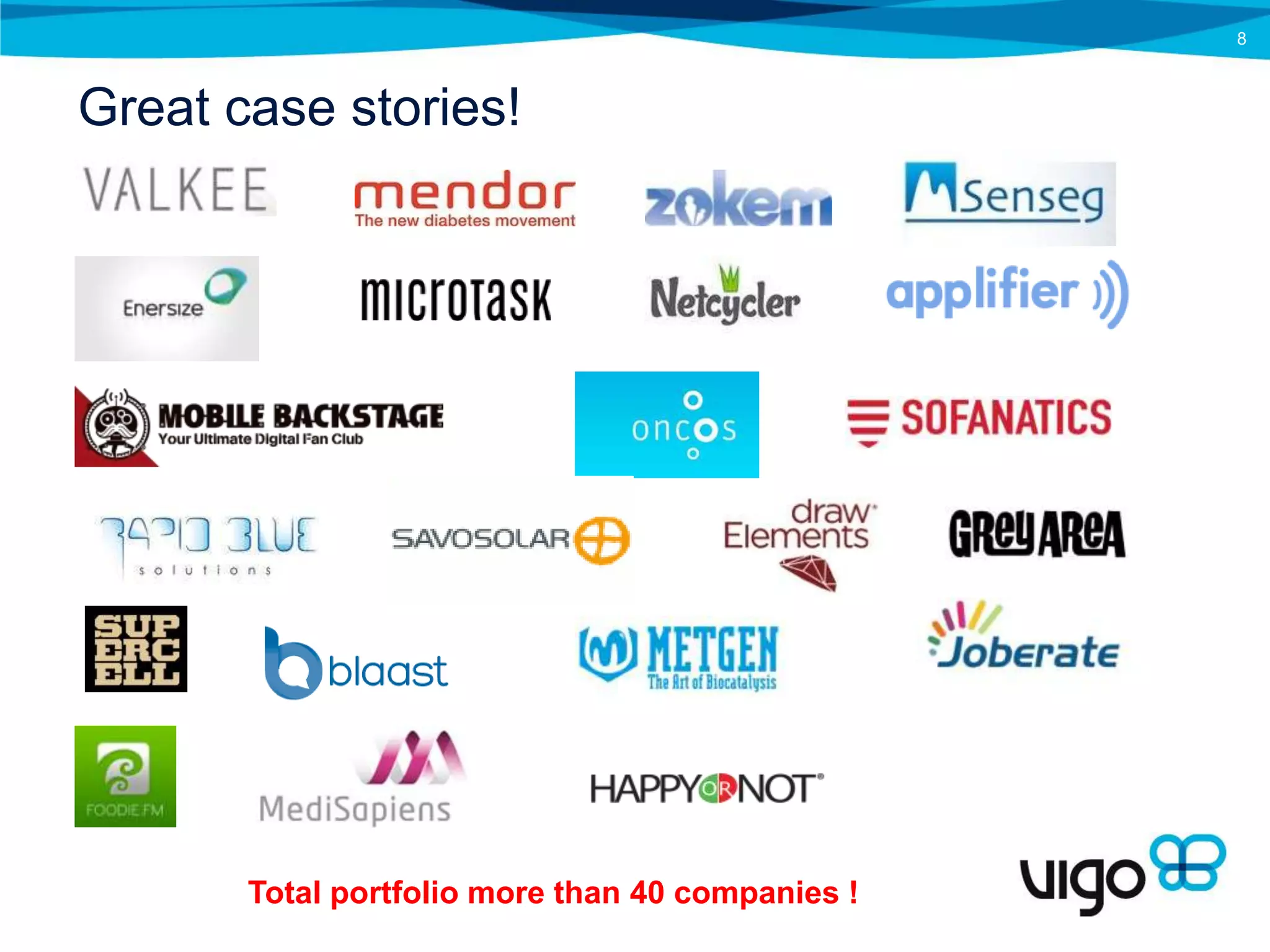 8



Great case stories!




       Total portfolio more than 40 companies !
 