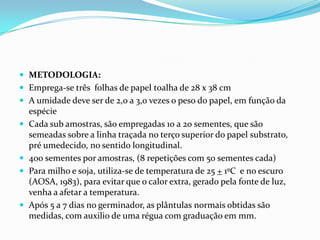 METODOLOGIA:Emprega-se três  folhas de papel toalha de 28 x 38 cmA umidade deve ser de 2,0 a 3,0 vezes o peso do papel, em função da espécieCada sub amostras, são empregadas 10 a 20 sementes, que são semeadas sobre a linha traçada no terço superior do papel substrato, pré umedecido, no sentido longitudinal.400 sementes por amostras, (8 repetições com 50 sementes cada)Para milho e soja, utiliza-se de temperatura de 25 +1ºC  e no escuro (AOSA, 1983), para evitar que o calor extra, gerado pela fonte de luz, venha a afetar a temperatura.Após 5 a 7 dias no germinador, as plântulas normais obtidas são medidas, com auxilio de uma régua com graduação em mm.