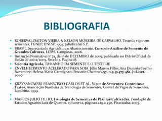 BIBLIOGRAFIAROBERVAL DAITON VIEIRA & NELSON MOREIRA DE CARVALHO, Teste de vigor em sementes, FUNEP, UNESP, 1994, Jaboticabal S.P.BRASIL, Secretaria de Agricultura e Abastecimento. Curso de Análise de Semente de Grandes Culturas, LCMS, Campinas, 2006.Instrução Normativa nº 25, de 16 de DEZEMBRO de 2005, publicado no Diário Oficial da União de 20/12/2005, Secção 1, Página 18.ScientiaAgricola, TAMANHO DA SEMENTE E O TESTE DEENVELHECIMENTO ACELERADO PARA SOJA  Júlio Marcos Filho; Ana Dionisia Coelho Novembre; Helena Maria CarmignaniPescarinChamm v.57, n.3, p.473-482, jul./set. 2000 KRZYZANOWSKI FRANSCISCO CARLOS ET AL. Vigor de Sementes: Conceitos e Testes, Associação Brasileira de Tecnologia de Sementes, Comitê de Vigor de Sementes, Londrina, 1999. MARCOS JULIO FILHO, Fisiologia de Sementes de Plantas Cultivadas, Fundação de Estudos Agrários Luiz de Queiroz, volume 12, páginas 429 a 450, Piracicaba, 2005. 