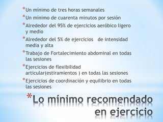 *Un mínimo de tres horas semanales 
*Un mínimo de cuarenta minutos por sesión 
*Alrededor del 95% de ejercicios aeróbico ligero 
y medio 
*Alrededor del 5% de ejercicios de intensidad 
media y alta 
*Trabajo de Fortalecimiento abdominal en todas 
las sesiones 
*Ejercicios de flexibilidad 
articular(estiramientos ) en todas las sesiones 
*Ejercicios de coordinación y equilibrio en todas 
las sesiones 
* 
 