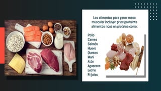 Los alimentos para ganar masa
muscular incluyen principalmente
alimentos ricos en proteína como:
●
Pollo
Carnes
Salmón
Huevo
Quesos
Maní
Atún
Aguacate
Leche
Frijoles
 