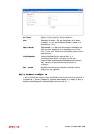 VigorFly 102 200 Series User’s Guide 
IP Address 
Ingrese la dirección IP del servidor RADIUS. 
Port 
El numero de puerto UDP que el servidor RADIUS está utilizando. El valor predeterminado es 1812, basado en el estándar RFC 2138. 
Shared Secret 
El servidor RADIUS y el cliente comparten un secreto que ambos utilizan para autentificar mensajes enviados entre ellos. Ambos lados deben estar configurados para utilizar el mismo secreto. 
Session Timeout 
Fije el tiempo máximo del servicio antes de la re-autentificación. Fíjalo a cero para ejecutar otra autentificación inmediatamente después de que la primera haya completado exitosamente. (La unidad esta en segundos). 
Idle Timeout 
Fije el tiempo máximo de inactividad permitido para un dispositivo. (En segundos.) 
MMeezzccllaa ddee ((WWPPAA++WWPPAA22))//880022..11xx 
El WPA codifica cada marco de datos transmitido desde el radio utilizando una clave, la cual será PSK (Clave Pre-compartida) ingresada manualmente en el campo de abajo, o automáticamente negociada por medio de la autentificación 802.1x.  