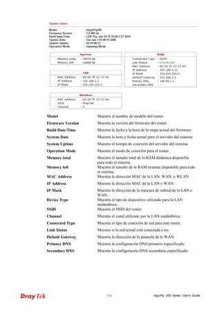 VigorFly 116 200 Series User’s Guide 
Model 
Muestra el nombre de modelo del router. 
Firmware Version 
Muestra la versión del firmware del router. 
Build Date/Time 
Muestra la fecha y la hora de la etapa actual del firmware. 
System Date 
Muestra la hora y fecha actual para el servidor del sistema. 
System Uptime 
Muestra el tiempo de conexión del servidor del sistema. 
Operation Mode 
Muestra el modo de conexión para el router. 
Memory total 
Muestra el tamaño total de la RAM dinámica disponible para todo el sistema. 
Memory left 
Muestra el tamaño de la RAM restante disponible para todo el sistema. 
MAC Address 
Muestra la dirección MAC de la LAN, WAN, o WLAN 
IP Address 
Muestra la dirección MAC de la LAN o WAN. 
IP Mask 
Muestra la dirección de la máscara de subred de la LAN o WAN. 
Device Type 
Muestra el tipo de dispositivo utilizado para la LAN inalámbrica. 
SSID 
Muestra el SSID del router. 
Channel 
Muestra el canal utilizado por la LAN inalámbrica. 
Connected Type 
Muestra el tipo de conexión de red para este router. 
Link Status 
Muestra si la red actual está conectada o no. 
Default Gateway 
Muestra la dirección de la pasarela de la WAN. 
Primary DNS 
Muestra la configuración DNS primario especificado. 
Secondary DNS 
Muestra la configuración DNS secundaria especificado.  