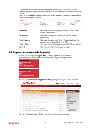 VigorFly 124 200 Series User’s Guide 
Esta función proporciona información sobre las asignaciones de direcciones IP. Esta información es útil para diagnosticar problemas de red, tales como conflictos de direcciones IP, etc Haz clic en Diagnóstic y Haz clic en la tabla DHCP para abrir el cuadro de la página web. 
Host name 
Muestra el nombre del equipo que acepto la dirección IP asignada por el router. 
IP Address 
Muestra la dirección IP asignada por el router para la PC especificado. 
MAC Address 
Muestra la dirección MAC de la PC especificado que fue asignado una dirección IP por el DHCP. 
Expire Time 
Mostrar el tiempo límite de concesión de la PC especificado. 
Refresh 
Haz clic aquí para volver a cargar la página. 
44..99 SSuuppppoorrtt AArreeaa ((ÁÁrreeaa ddee SSooppoorrttee)) 
Al hacer clic en la opción Support Area (Área de Soporte), serás llevado a www.draytek.com adonde puede abrir las siguientes páginas correspondientes. 
Haz clic en Support Area>> Application Note, y la siguiente página web se mostrará. 
Haz clic en Support Area>> FAQ, y la siguiente página web se mostrará.  