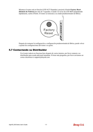 VigorFly 200 Series User’s Guide 135 
Mientras el router está en función (LED ACT Parpadea), presioné el botón Factory Reset (Reinicio de Fabrica) por más de 5 segundos. Cuando ves la luz de LED ACT parpadeando rápidamente, suelte el botón. El router se reiniciara a su estado predeterminado de fábrica. 
Después de restaurar la configuración a configuración predeterminada de fábrica, puede volver a ajustar las configuraciones del router a su gusto. 
55..77 CCoonnttaaccttaannddoo ssuu DDiissttrriibbuuiiddoorr 
Si el router todavía no funciona bien después de varios intentos, por favor contacte a su distribuidor para ayuda adicional inmediata. Si tiene más preguntas, por favor envíennos un correo electrónico a support@draytek.com 