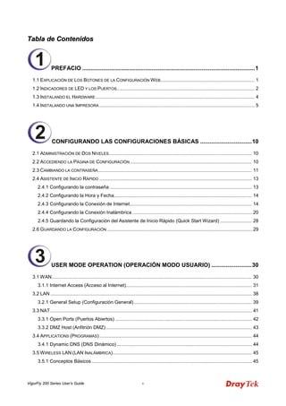 VigorFly 200 Series User’s Guide v 
TTaabbllaa ddee CCoonntteenniiddooss 
PREFACIO ...........................................................................................................1 
1.1 EXPLICACIÓN DE LOS BOTONES DE LA CONFIGURACIÓN WEB....................................................................... 1 
1.2 INDICADORES DE LED Y LOS PUERTOS........................................................................................................ 2 
1.3 INSTALANDO EL HARDWARE........................................................................................................................ 4 
1.4 INSTALANDO UNA IMPRESORA ..................................................................................................................... 5 
CONFIGURANDO LAS CONFIGURACIONES BÁSICAS ................................10 
2.1 ADMINISTRACIÓN DE DOS NIVELES............................................................................................................ 10 
2.2 ACCEDIENDO LA PÁGINA DE CONFIGURACIÓN............................................................................................ 10 
2.3 CAMBIANDO LA CONTRASEÑA.................................................................................................................... 11 
2.4 ASISTENTE DE INICIO RÁPIDO ................................................................................................................... 13 
2.4.1 Configurando la contraseña ........................................................................................................... 13 
2.4.2 Configurando la Hora y Fecha........................................................................................................ 14 
2.4.3 Configurando la Conexión de Internet............................................................................................ 14 
2.4.4 Configurando la Conexión Inalámbrica .......................................................................................... 20 
2.4.5 Guardando la Configuración del Asistente de Inicio Rápido (Quick Start Wizard) ........................ 28 
2.6 GUARDANDO LA CONFIGURACIÓN ............................................................................................................. 29 
USER MODE OPERATION (OPERACIÓN MODO USUARIO) .........................30 
3.1WAN....................................................................................................................................................... 30 
3.1.1 Internet Access (Acceso al Internet)............................................................................................... 31 
3.2 LAN ........................................................................................................................................................ 38 
3.2.1 General Setup (Configuración General) ......................................................................................... 39 
3.3 NAT........................................................................................................................................................ 41 
3.3.1 Open Ports (Puertos Abiertos) ....................................................................................................... 42 
3.3.2 DMZ Host (Anfitrión DMZ) .............................................................................................................. 43 
3.4 APPLICATIONS (PROGRAMAS) ................................................................................................................... 44 
3.4.1 Dynamic DNS (DNS Dinámico) ...................................................................................................... 44 
3.5WIRELESS LAN (LAN INALÁMBRICA)......................................................................................................... 45 
3.5.1 Conceptos Básicos......................................................................................................................... 45 
123  